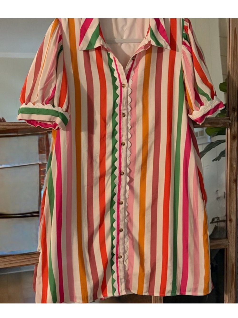 JODIFL Pink Green Orange Red and White Striped Puff-Sleeve Mini Dress